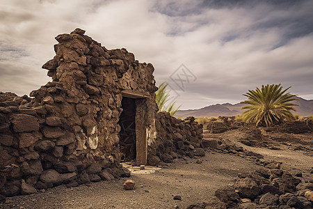 沙漠中一座小石屋图片