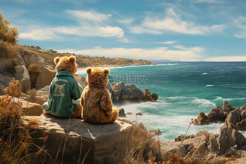 海边度假的泰迪熊夫妇图片