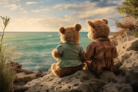 悬崖上看海的可爱泰迪熊图片