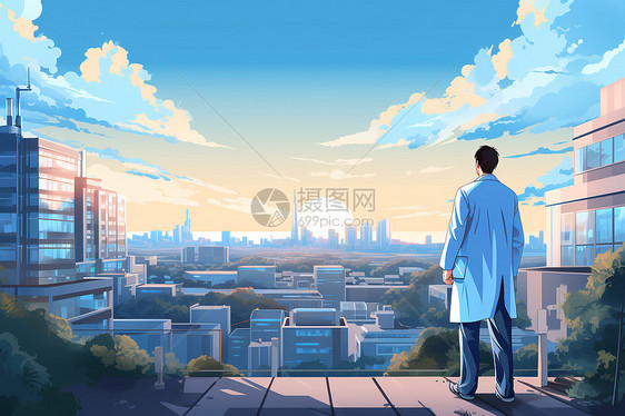 医院天台俯瞰城市的外科医生图片