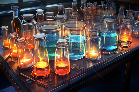 实验室桌上的玻璃烧瓶和试管图片