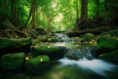 茂盛树林中的溪流景观图片
