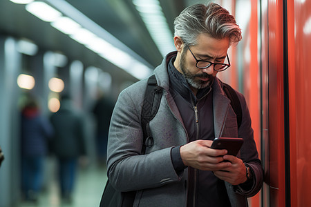 地铁中手机聊天的男子背景图片