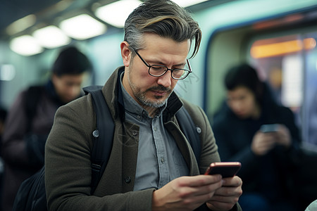 地铁中看手机的职场男子图片