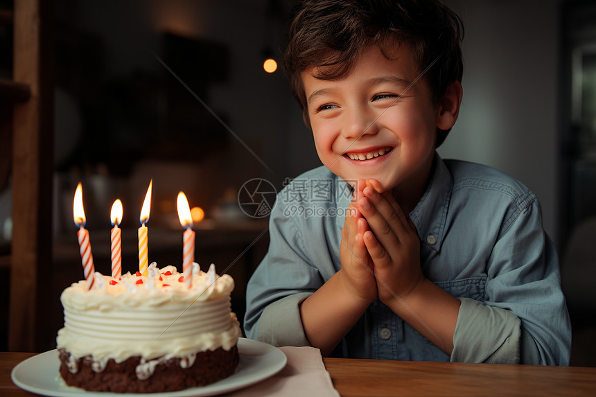生日蛋糕前开朗的小男孩图片