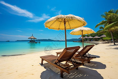 夏季度假沙滩上的遮阳椅图片