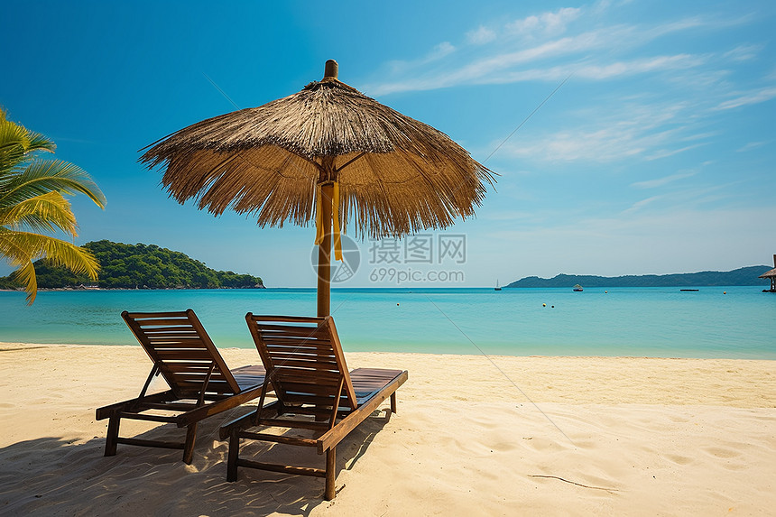 海边沙滩上的度假椅图片
