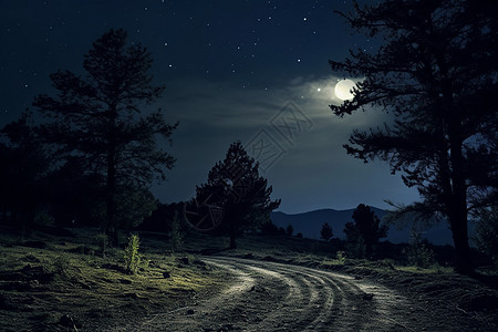 月夜明亮的林间小路图片