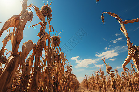 蓝天下缺少水分的玉米高清图片