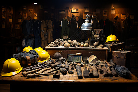 煤矿工凌乱的工具桌背景图片