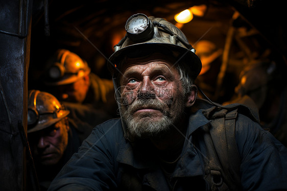 昏暗矿洞中疲惫的工人图片