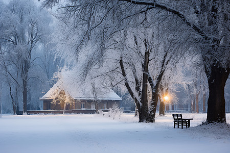 大雪冬季幽静的林间公园背景