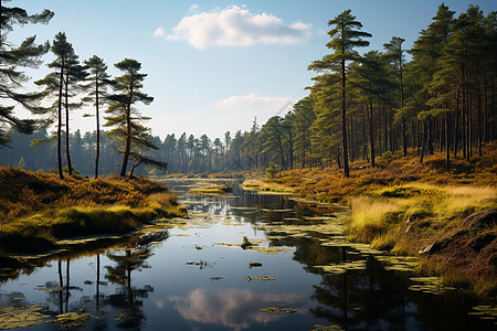 夕阳映照下的林间河流高清图片下载正版图片600768108摄图网