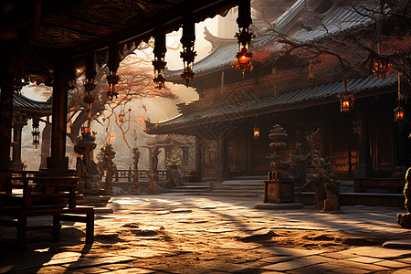 中国园林古风建筑的唯美插图背景图片