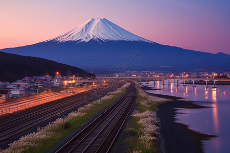 黄昏时分的富士山景观背景图片