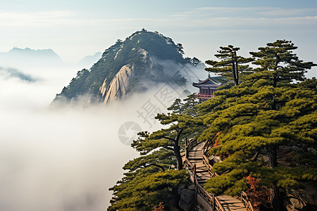 华山日出日出山间云海的美丽景观背景