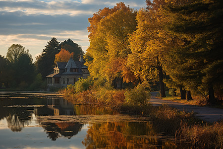 秋天的湖泊树林背景图片