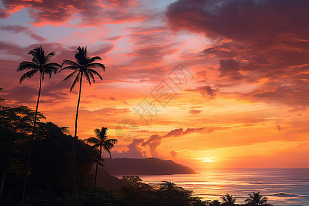 热带度假海滩的日落景观图片