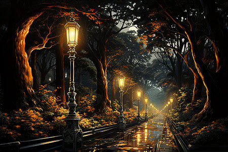 灯光照耀下的古镇街道插图背景图片