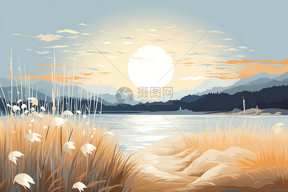 夕阳倒映湖畔草丛中图片