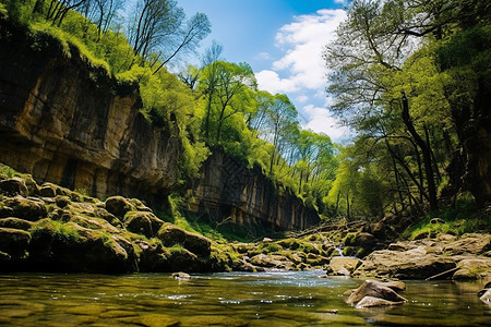 山林小溪绿意盎然的溪流山林背景