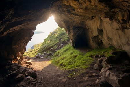 光照洞口的自然风景背景图片