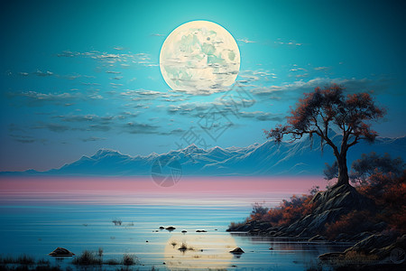 宁静山水湖畔月色图片