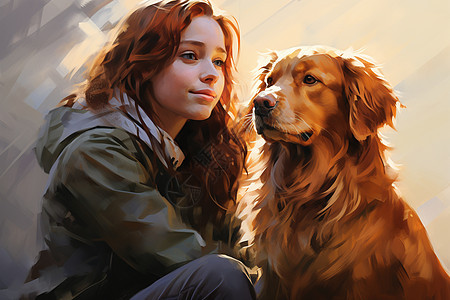 狗狗和女孩的油画图片