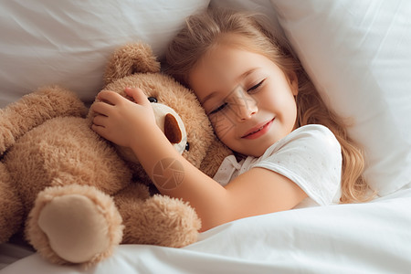 床上睡觉的小女孩和小熊背景图片