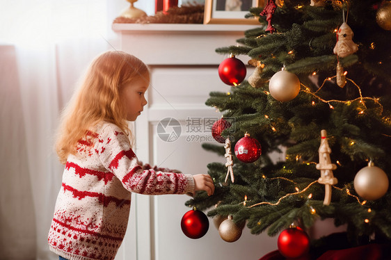 圣诞树下的小女孩图片