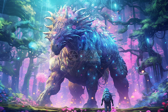 梦幻森林中的巨兽创意插图图片