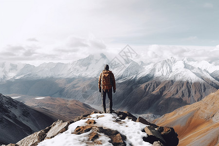 雪山之巅的登山爱好者高清图片