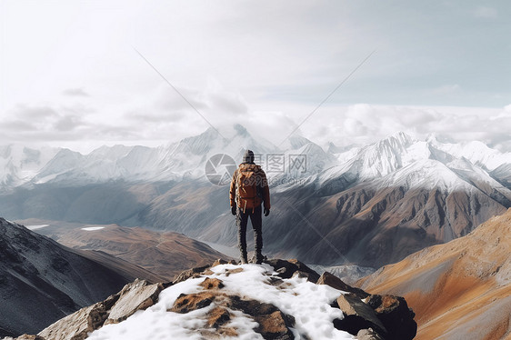 雪山之巅的登山爱好者图片