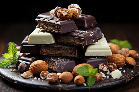 盘中新鲜制作的坚果巧克力背景图片