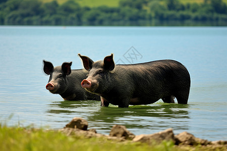 湖水中的黑色养殖猪图片