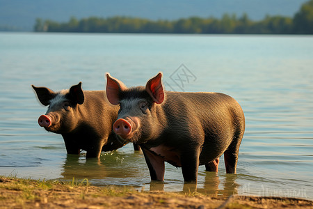 河岸旁的农场饲养猪图片