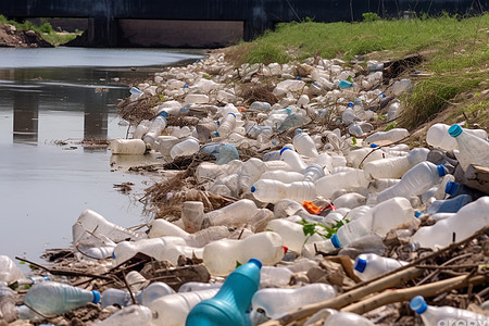 河畔污染的塑料垃圾图片