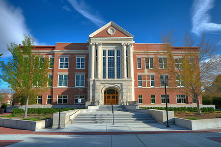 校园中的复古红砖建筑背景图片