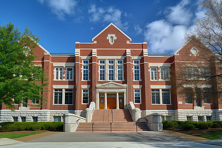 校园中的现代红砖建筑背景图片