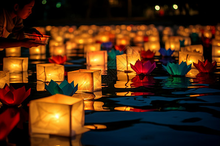 传统节日中水面漂浮的纸灯图片