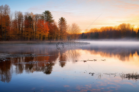 秋季清晨林间静谧的湖面图片