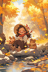 秋天森林湖畔的小女孩背景图片