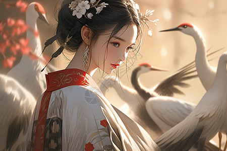 唯美古风的白鹤少女背景图片