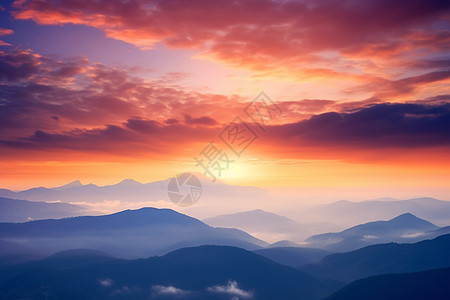 日出迷雾笼罩的山谷景观图片