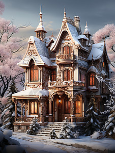 梦幻装饰的冬季房屋建筑图片