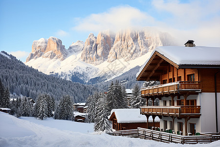 冬日雪中小屋的美丽景观高清图片