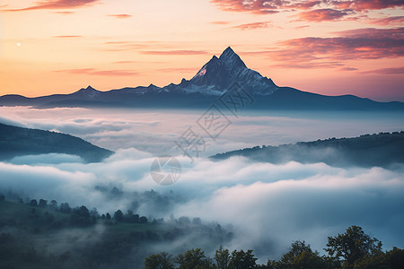 夕阳下的迷雾山峰图片