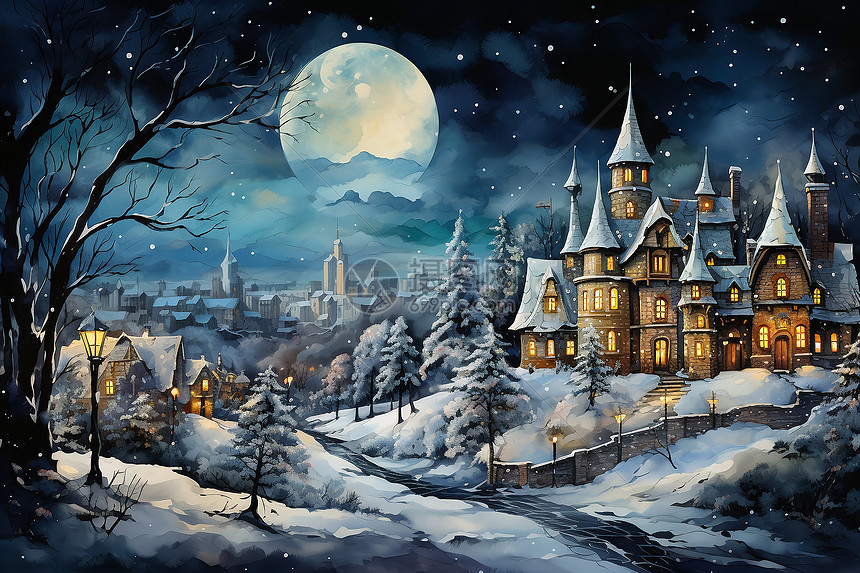 雪夜中的城堡图片