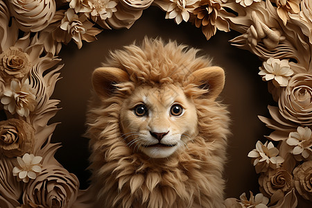 哺乳动物狮子和花环插画