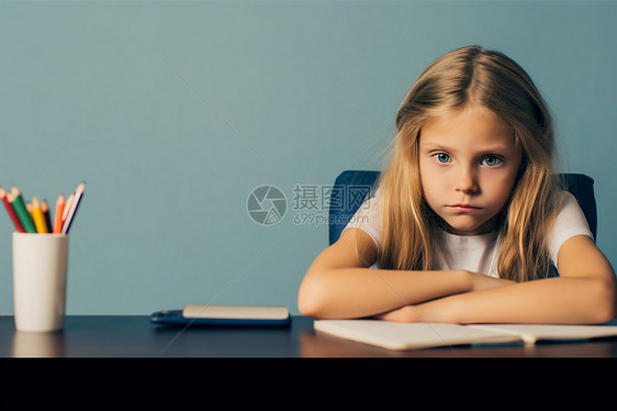 在桌子上学习的女孩图片